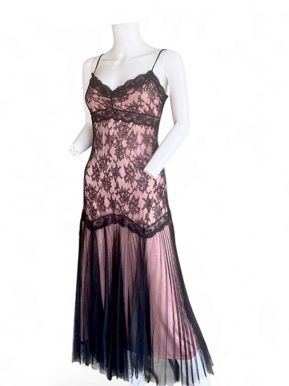 Betsey Johnson Pink Slip Dress with Black Lace Overlay